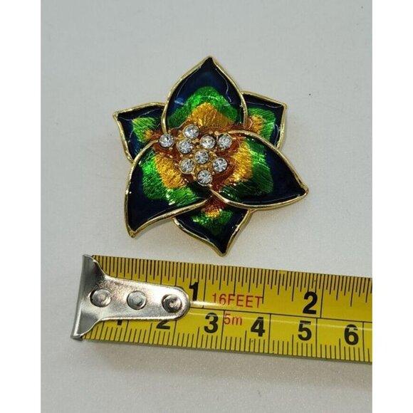 Vintage Blue/Green/Yellow Enamel Gold Tone Flower Dress Scarf Clip Rhinestones - Picture 4 of 4